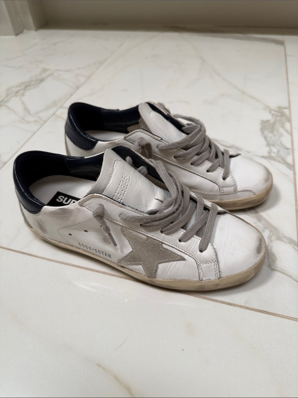 Golden Goose White Leather Sneakers with Gray Star and Navy Heel
